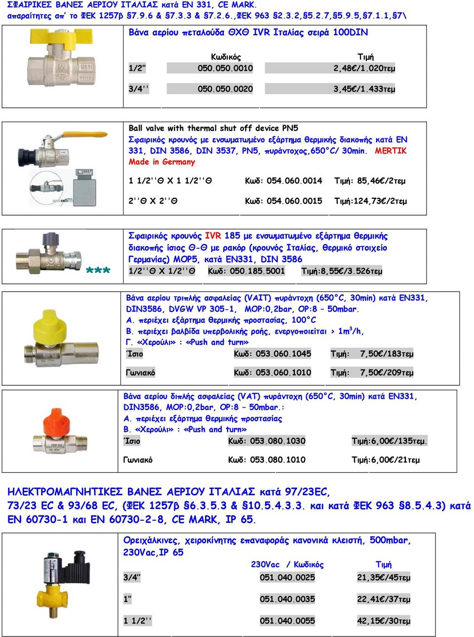 433τεμ Ball valve with thermal shut off device PN5 Σφαιρικός κρουνός με ενσωματωμένο εξάρτημα θερμικής διακοπής κατά EN 331, DIN 3586, DIN 3537, PN5, πυράντοχος,650 C/ 30min.