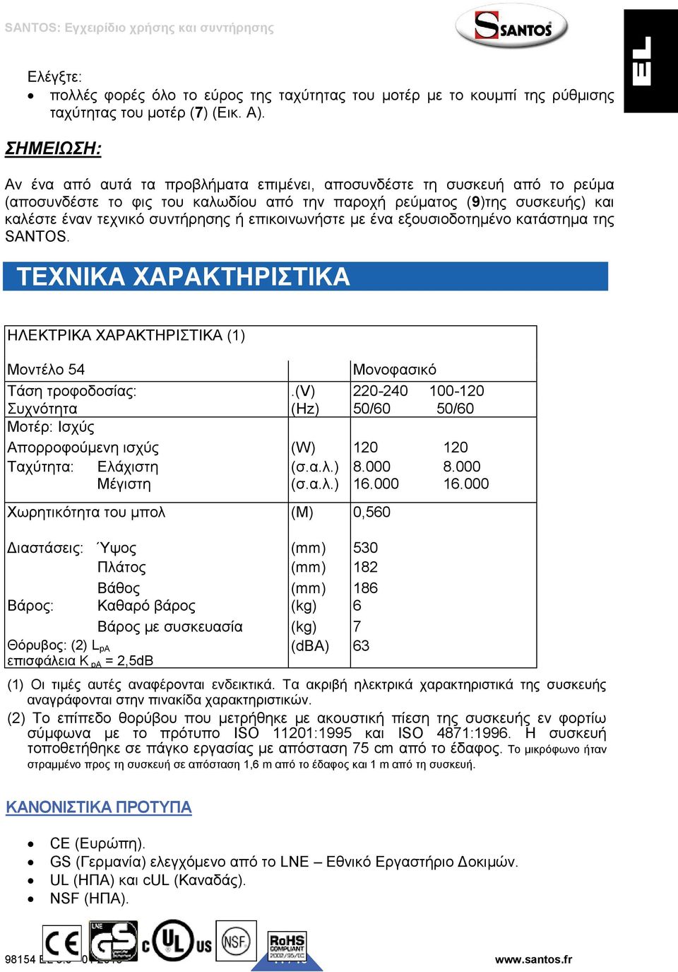 επικοινωνήστε με ένα εξουσιοδοτημένο κατάστημα της SANTOS. ΤΕΧΝΙΚΑ ΧΑΡΑΚΤΗΡΙΣΤΙΚΑ ΗΛΕΚΤΡΙΚΑ ΧΑΡΑΚΤΗΡΙΣΤΙΚΑ (1) Μοντέλο 54 Μονοφασικό Τάση τροφοδοσίας:.