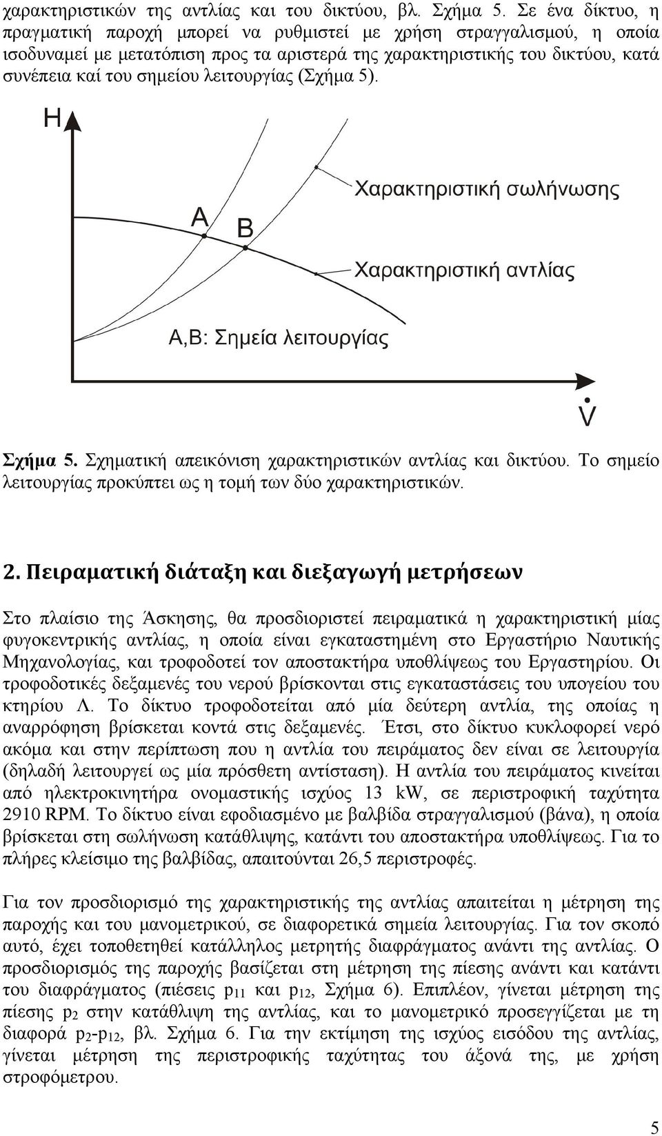 λειτουργίας (Σχήμα 5). Σχήμα 5. Σχηματική απεικόνιση χαρακτηριστικών αντλίας και δικτύου. Το σημείο λειτουργίας προκύπτει ως η τομή των δύο χαρακτηριστικών. 2.