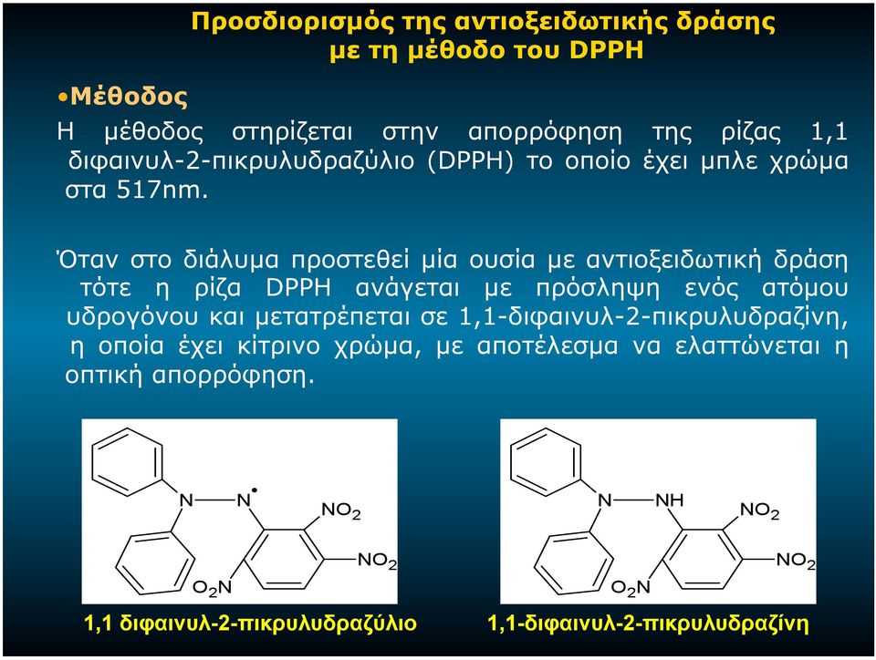 Όταν στο διάλυµα προστεθεί µία ουσία µε αντιοξειδωτική δράση τότε η ρίζα DPPH ανάγεται µε πρόσληψη ενός ατόµου υδρογόνου και