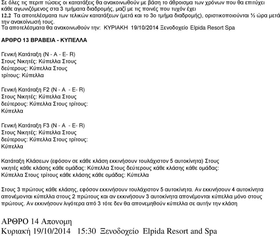 Τα αποτελέσματα θα ανακοινωθούν την: ΚΥΡΙΑΚΗ 19/10/2014 Ξενοδοχείο Elpida Resort Spa APΘPO 13 ΒΡΑΒΕΙΑ - ΚΥΠΕΛΛΑ Γενική Κατάταξη (Ν - Α - E- R) Στους Nικητές: Kύπελλα Στους δεύτερους: Kύπελλα Στους