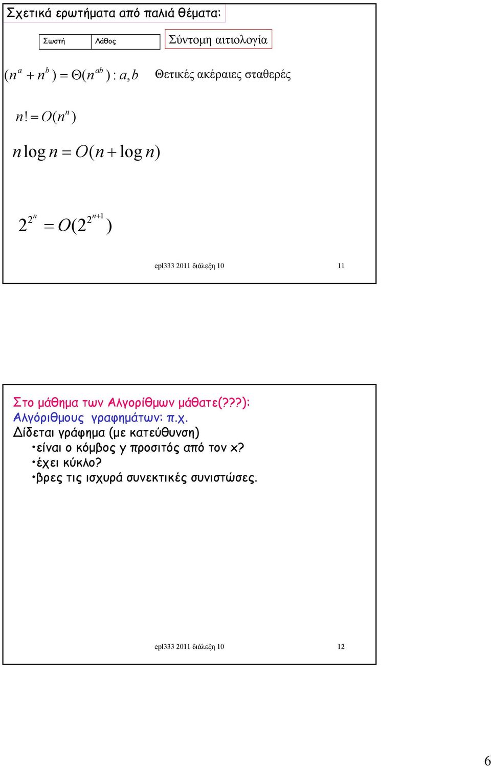 O( ) log O( log ) 1 2 2 2 (2 ) O epl333 2011 διάλεξη 10 11 Στο μάθημα των Αλγορίθμων μάθατε(?