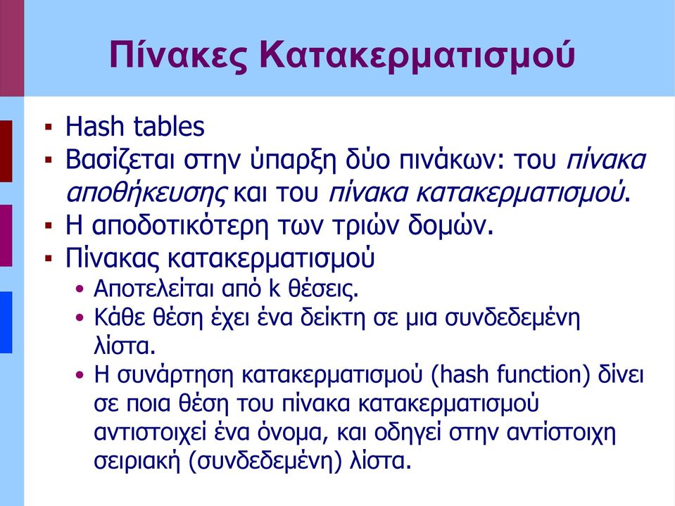 Κάθε θέση έχει ένα δείκτη σε μια συνδεδεμένη λίστα.