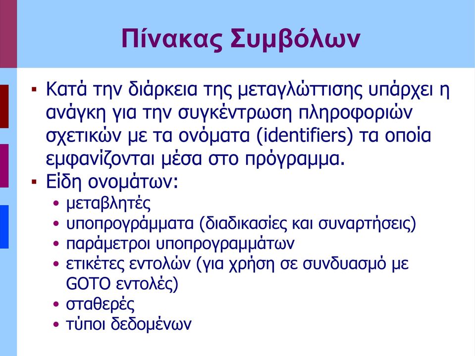 Είδη ονομάτων: μεταβλητές υποπρογράμματα (διαδικασίες και συναρτήσεις) παράμετροι