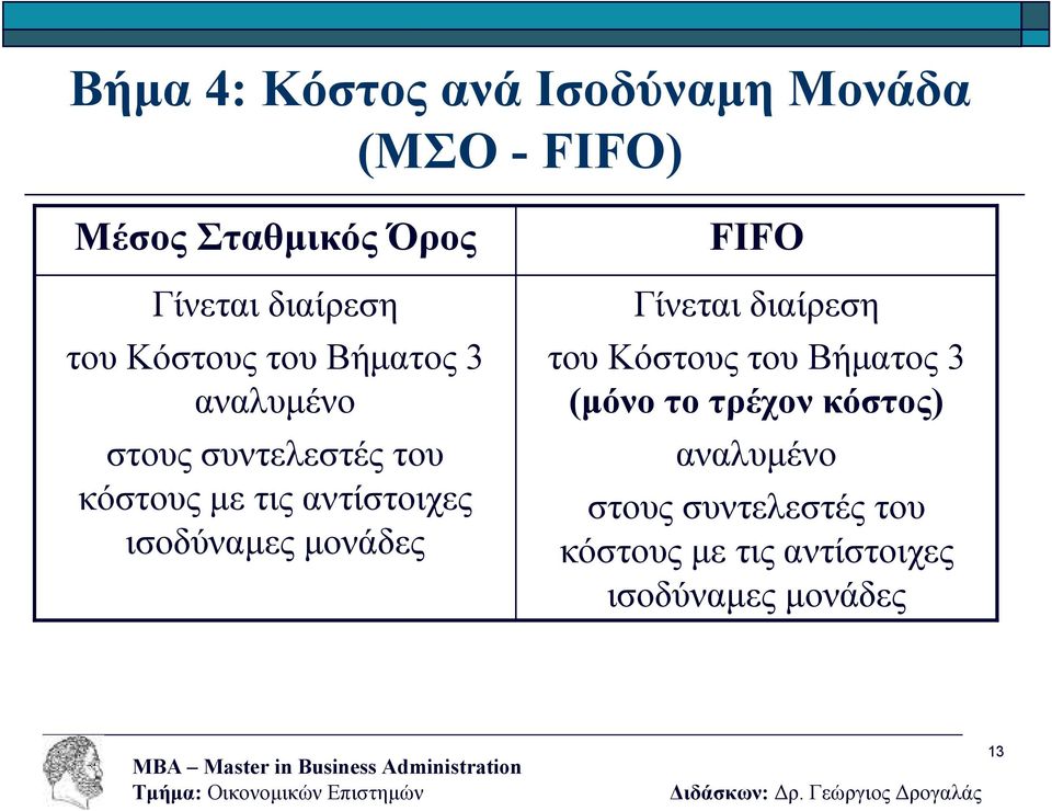 αντίστοιχες ισοδύναµες µονάδες FIFO Γίνεται διαίρεση του Κόστους του Βήµατος 3 (µόνο