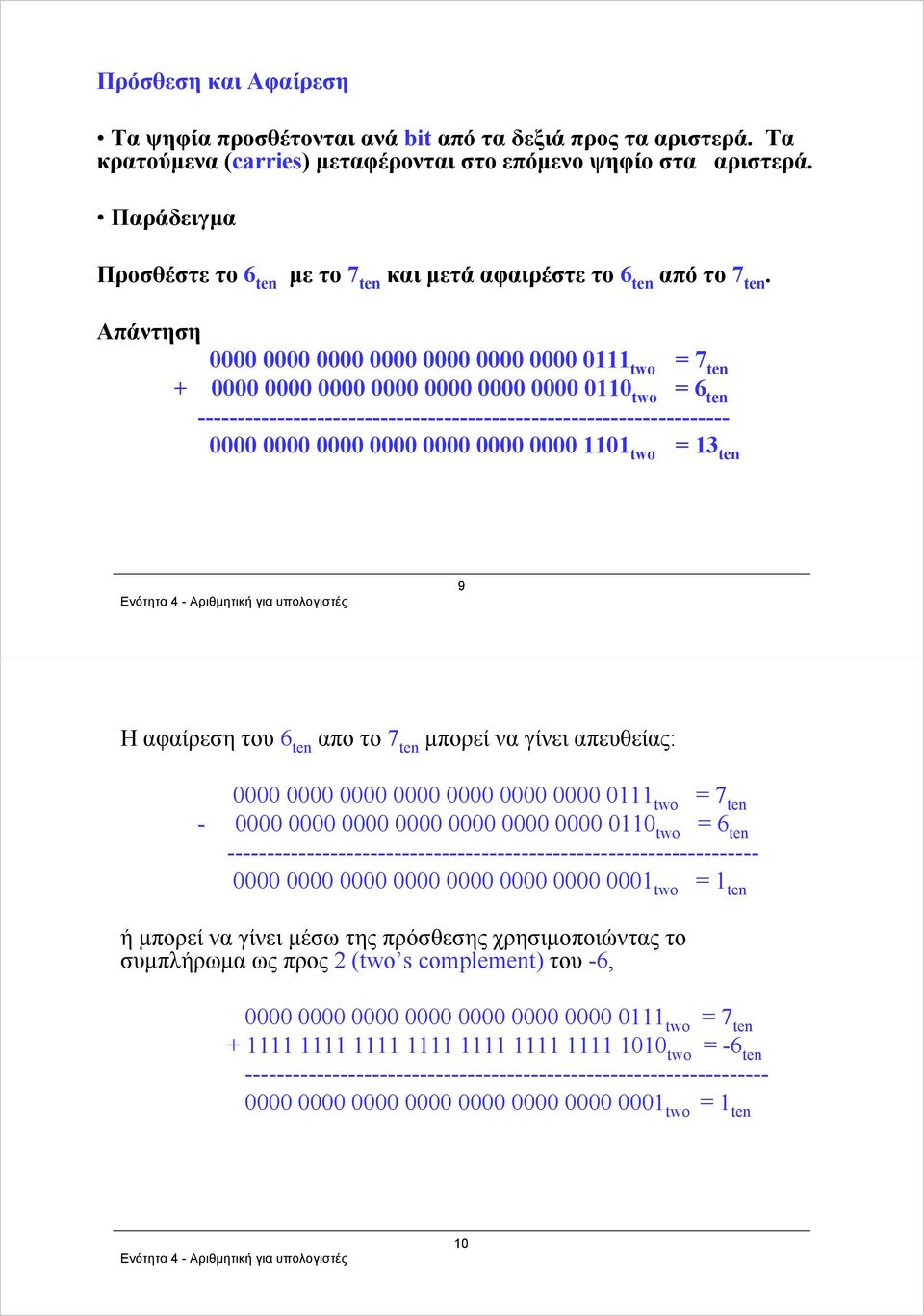 Απάντηση 0111 two = 7 ten + 0110 two = 6 ten ------------------------------------------------------------------- 1101 two = 13 ten 9 Ηαφαίρεσητου6 ten απο το 7 ten μπορεί να γίνει απευθείας: 0111 two