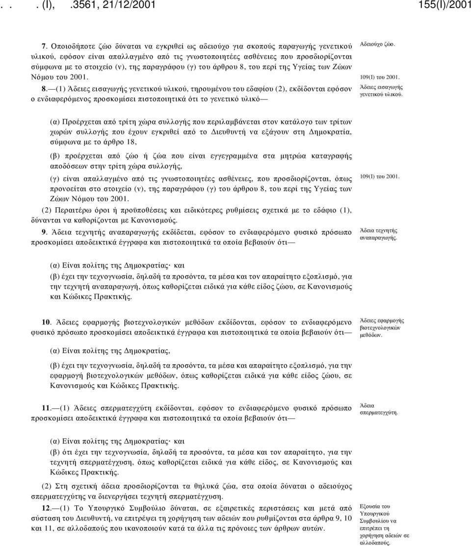 109(Ι) του 2001. Άδειες εισαγωγής γενετικού υλικού.