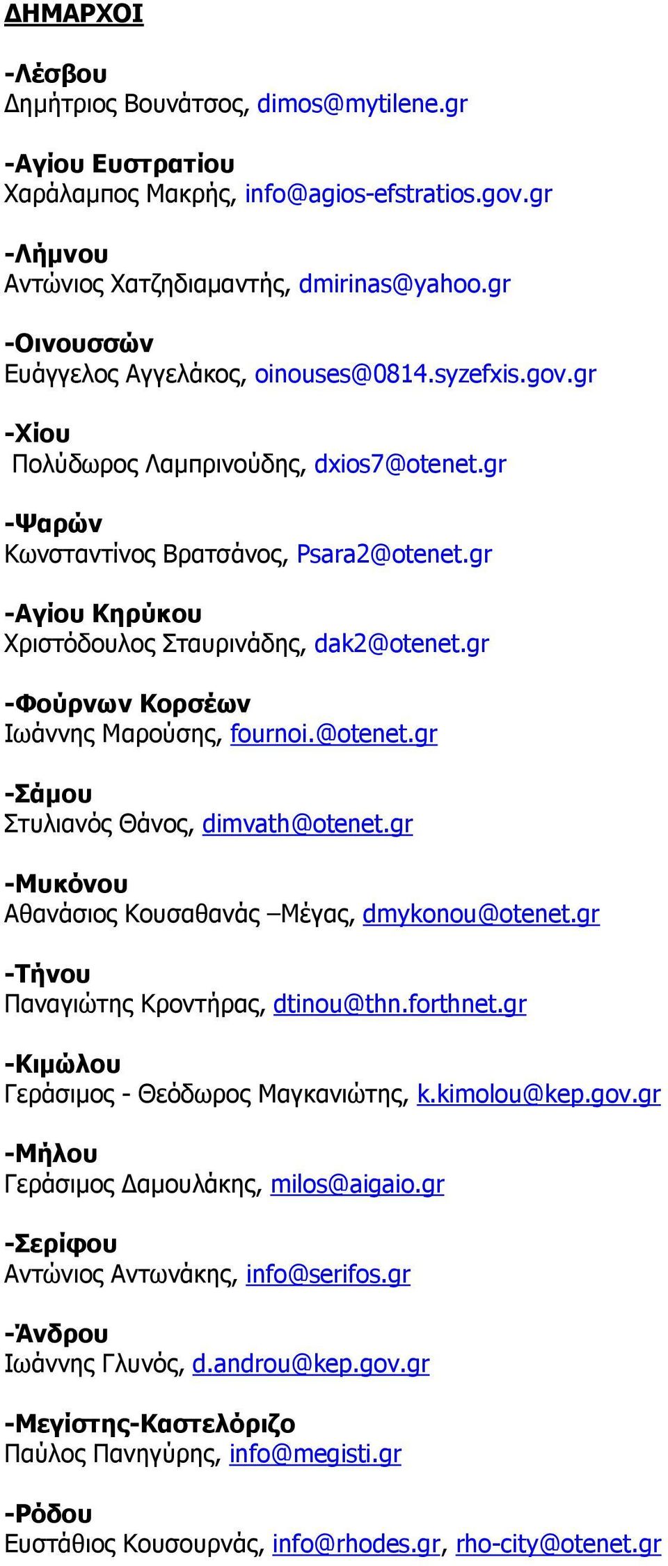 gr -Αγίου Κηρύκου Χριστόδουλος Σταυρινάδης, dak2@otenet.gr -Φούρνων Κορσέων Ιωάννης Μαρούσης, fournoi.@otenet.gr -Σάµου Στυλιανός Θάνος, dimvath@otenet.