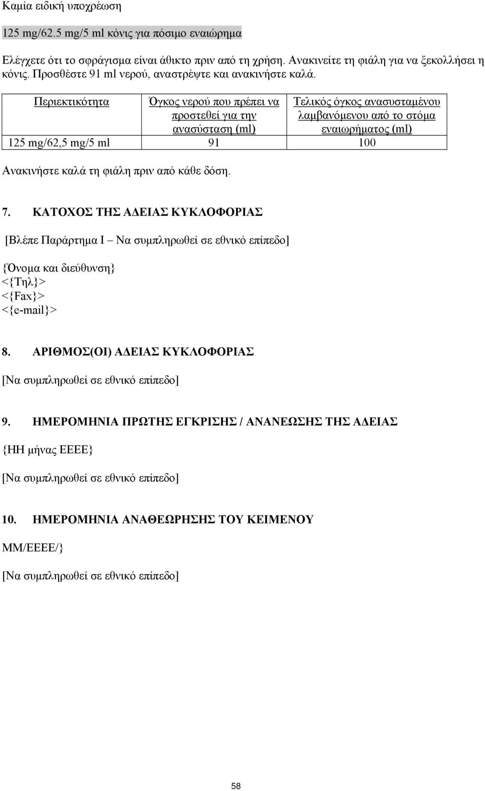 Περιεκτικότητα Όγκος νερού που πρέπει να προστεθεί για την ανασύσταση (ml) Τελικός όγκος ανασυσταμένου λαμβανόμενου από το στόμα εναιωρήματος (ml) 125 mg/62,5 mg/5 ml 91