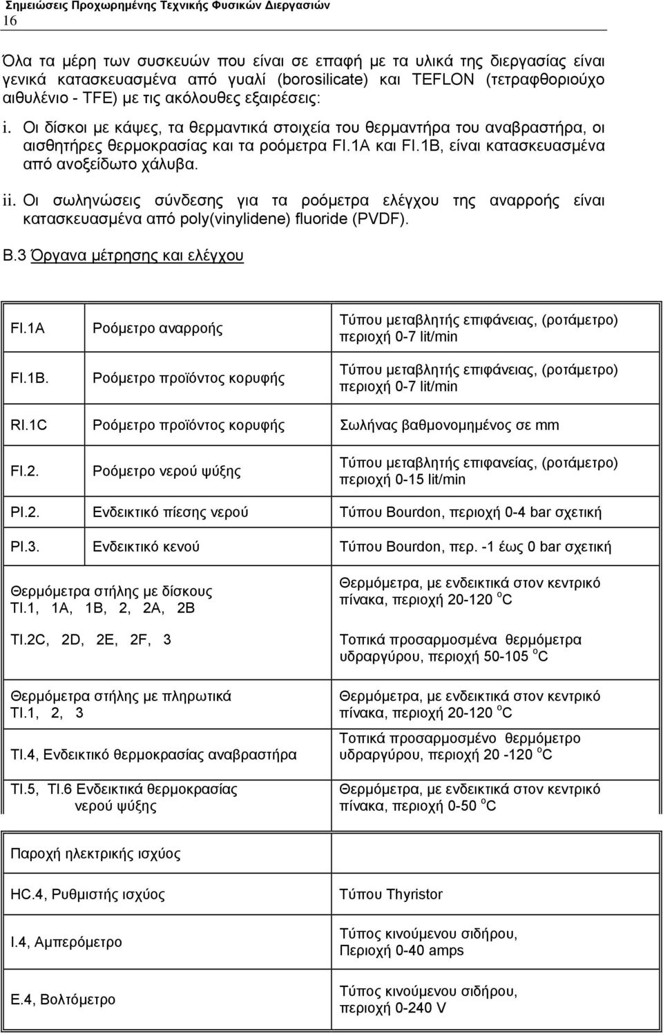 Οι σωληνώσεις σύνδεσης για τα ροόμετρα ελέγχου της αναρροής είναι κατασκευασμένα από poly(vinylidene) fluoride (PDF). Β.3 Όργανα μέτρησης και ελέγχου FI.1A FI.1B.