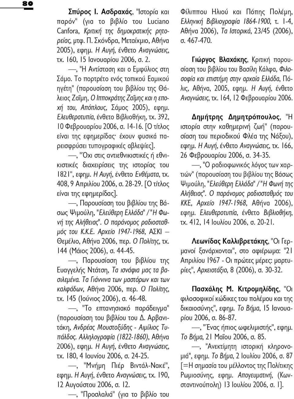 Το πορτρέτο ενός τοπικού Εαμικού ηγέτη" (παρουσίαση του βιβλίου της Θάλειας Γιώργος Βλαχάκης, Κριτική παρουσίαση του βιβλίου του Βασίλη Κάλφα, Φιλοσοφία και επιστήμη στην αρχαία Ελλάδα, Πόλις, Αθήνα,