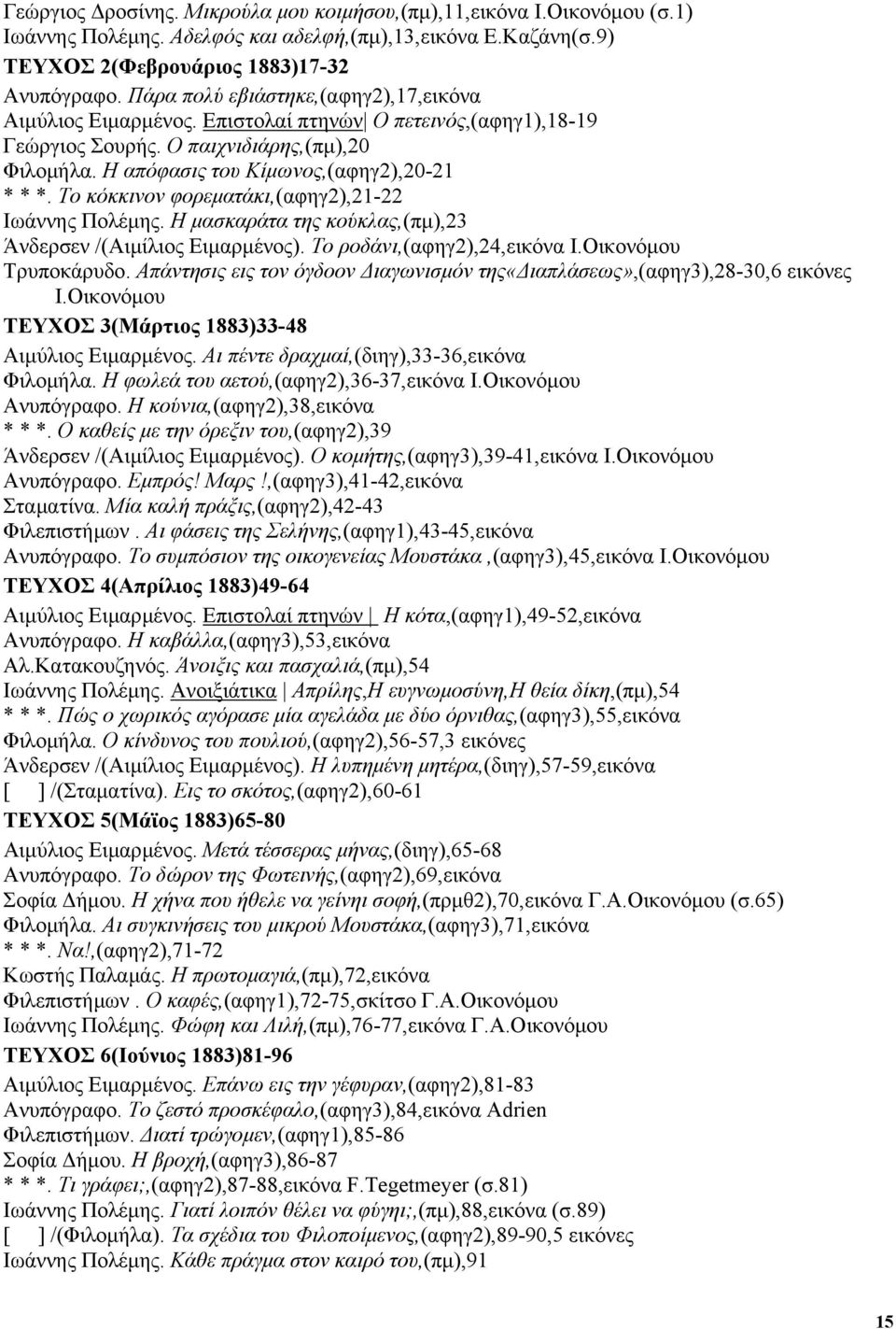 Το κόκκινον φορεµατάκι,(αφηγ2),21-22 Ιωάννης Πολέµης. Η µασκαράτα της κούκλας,(πµ),23 Άνδερσεν /(Αιµίλιος Ειµαρµένος). Το ροδάνι,(αφηγ2),24,εικόνα Ι.Οικονόµου Τρυποκάρυδο.