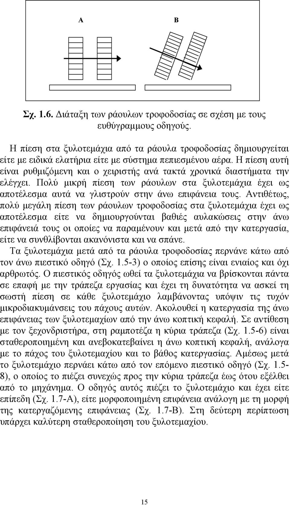 Η πίεση αυτή είναι ρυθμιζόμενη και ο χειριστής ανά τακτά χρονικά διαστήματα την ελέγχει. Πολύ μικρή πίεση των ράουλων στα ξυλοτεμάχια έχει ως αποτέλεσμα αυτά να γλιστρούν στην άνω επιφάνεια τους.