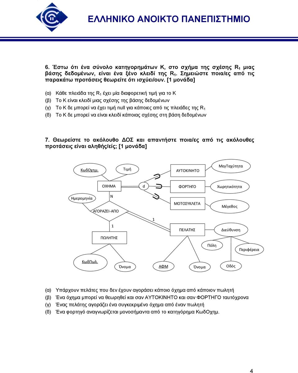 Το Κ δε μπορεί να είναι κλειδί κάποιας σχέσης στη βάση δεδομένων 7. Θεωρείστε το ακόλουθο ΔΟΣ και απαντήστε ποια/ες από τις ακόλουθες προτάσεις είναι αληθής/είς; [ μονάδα] ΚωδΟχημ.