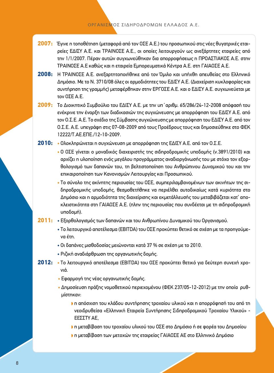 Με το Ν. 3710/08 όλες οι αρμοδιότητες του ΕΔΙΣΥ Α.Ε. (Διαχείριση κυκλοφορίας και συντήρηση της γραμμής) μεταφέρθηκαν στην ΕΡΓΟΣΕ Α.Ε. και ο ΕΔΙΣΥ Α.Ε. συγχωνεύεται με τον ΟΣΕ Α.Ε. 2009: Το Διοικητικό Συμβούλιο του ΕΔΙΣΥ Α.