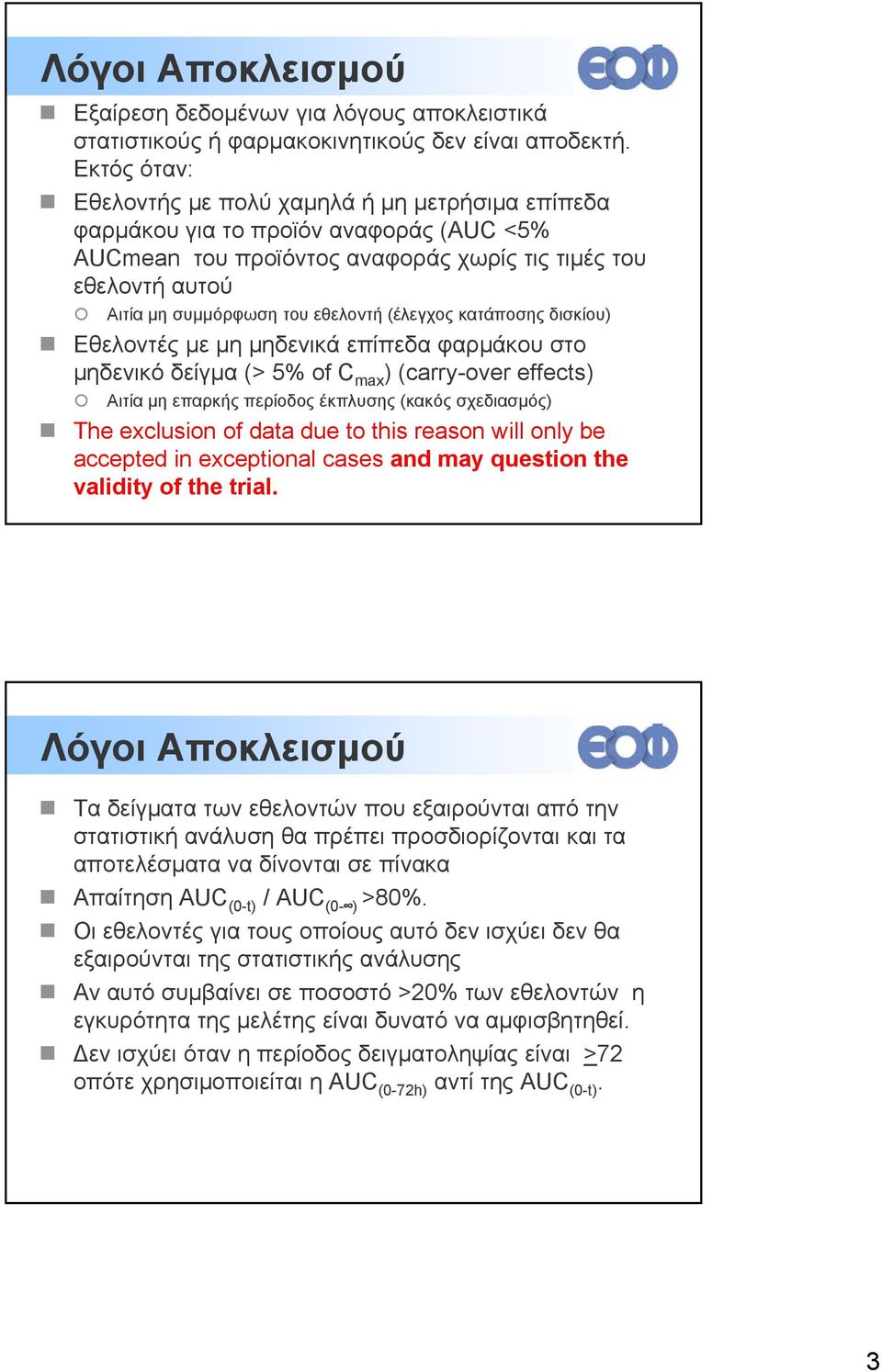 (έλεγχος κατάποσης δισκίου) Εθελοντές με μη μηδενικά επίπεδα φαρμάκου στο μηδενικό δείγμα (> 5% of C max ) (carry-over effects) Αιτία μη επαρκής περίοδος έκπλυσης (κακός σχεδιασμός) The exclusion of