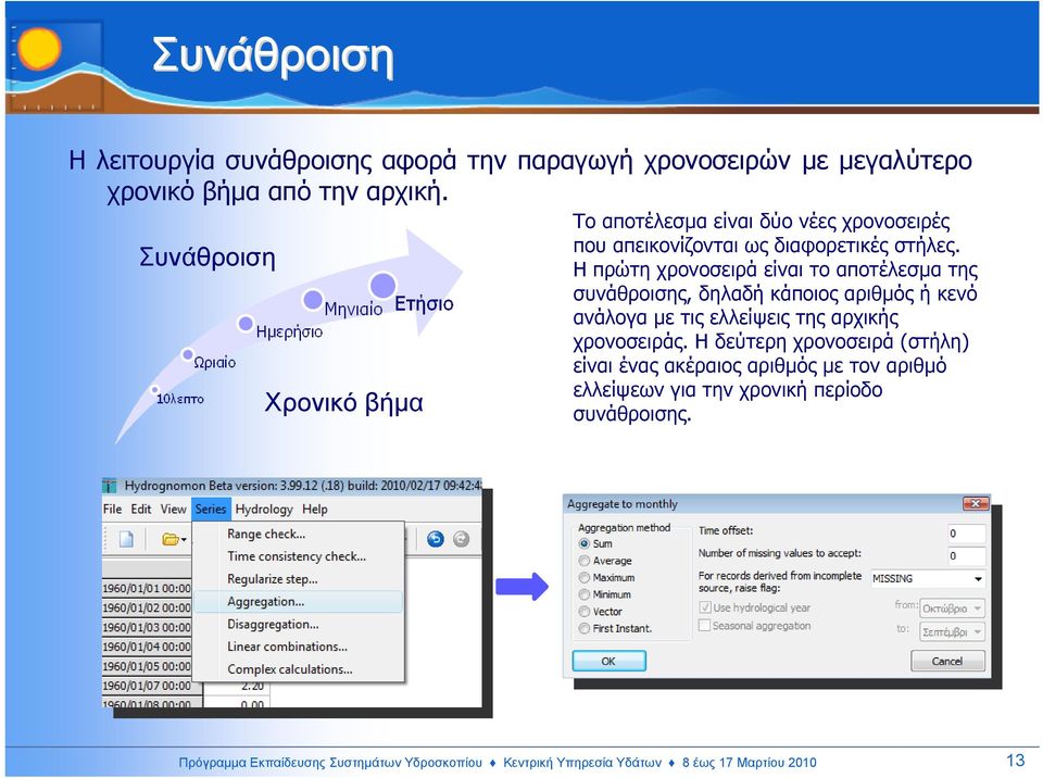 Η πρώτη χρονοσειρά είναι το αποτέλεσµα της συνάθροισης, δηλαδή κάποιος αριθµός ή κενό ανάλογα µε τις ελλείψεις της αρχικής χρονοσειράς.