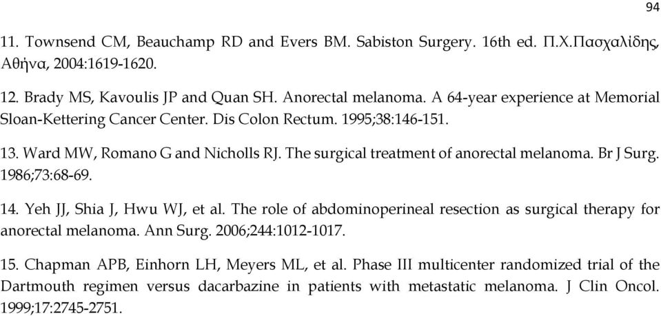 Br J Surg. 1986;73:68-69. 14. Yeh JJ, Shia J, Hwu WJ, et al. The role of abdominoperineal resection as surgical therapy for anorectal melanoma. Ann Surg. 2006;244:1012-1017. 15.