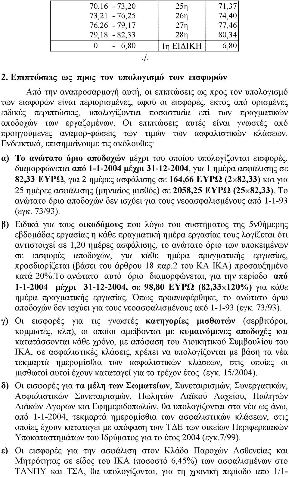 πραγµατικών αποδοχών των εργαζοµένων. Οι επιπτώσεις αυτές είναι γνωστές από προηγούµενες αναµορ-φώσεις των τιµών των ασφαλιστικών κλάσεων.