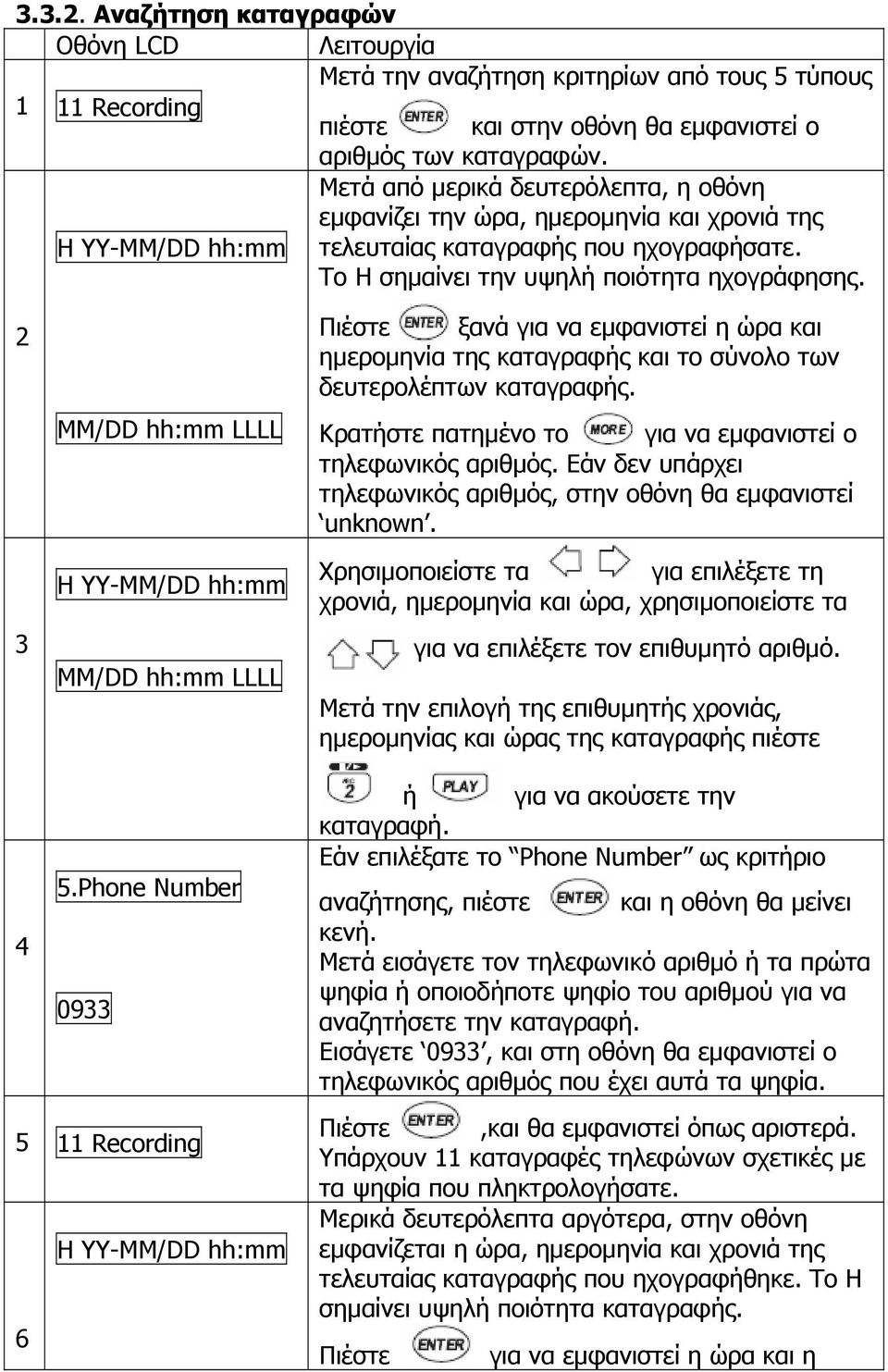 2 3 MM/DD hh:mm LLLL H YY-MM/DD hh:mm MM/DD hh:mm LLLL Πιέστε ξανά για να εμφανιστεί η ώρα και ημερομηνία της καταγραφής και το σύνολο των δευτερολέπτων καταγραφής.