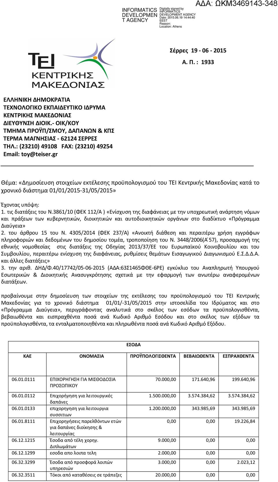 gr Θέμα: «Δημοσίευση στοιχείων εκτέλεσης προϋπολογισμού του ΤΕΙ Κεντρικής Μακεδονίας κατά το χρονικό διάστημα 01/01/2015-31/05/2015» Έχοντας υπόψη: 1. τις διατάξεις του Ν.