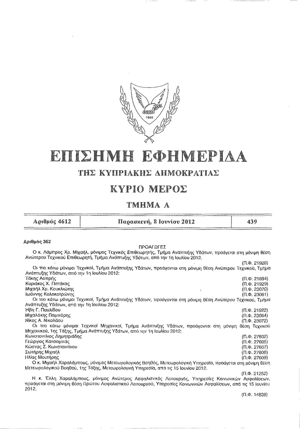 Κσυκλιώτης Ιωάννης Κολοκοτρώνης Οι πιο κάτω μόνιμοι (Π.Φ. 21ί (Π.Φ. 21929) (Π.Φ. 23070) (Π.Φ. 23081) εχνικοί, Τμήμα Ανάπτυξης Υδάτων, προάγονται στη μόνιμη θέση Ανώτερου Τεχνικού, Τμήμα Ανάπτυξης Υδάτων, από την 1η Ιουλίου 2012: Ήβη Γ.