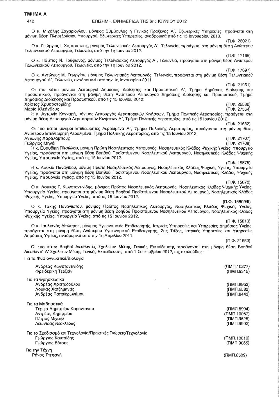 26021) Ο κ. Γεώργιος Ι. Χαρτούτσιος, μόνιμος Τελωνειακός Λειτουργός Α', Τελωνεία, προάγεται στη μόνιμη θέση Ανώτερου Τελωνειακού Λειτουργού, Τελωνεία, από την 1η iouviou 2012. (Π.Φ. 17165) Ο κ.