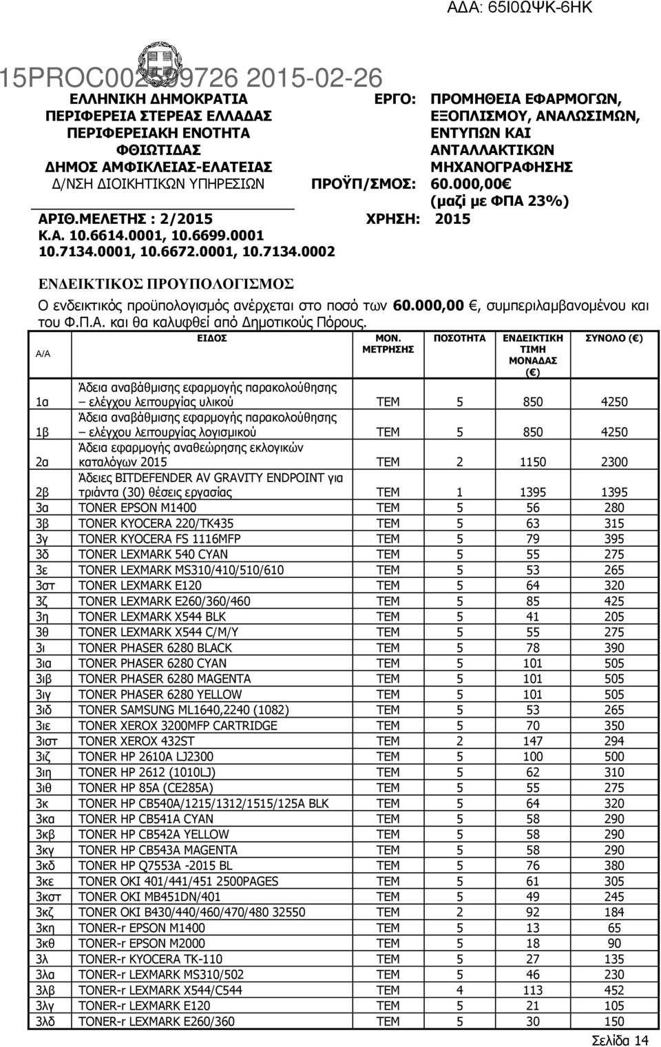 0001, 10.6672.0001, 10.7134.0002 ΕΝΔΕΙΚΤΙΚΟΣ ΠΡΟΥΠΟΛΟΓΙΣΜΟΣ Ο ενδεικτικός προϋπολογισμός ανέρχεται στο ποσό των 60.000,00, συμπεριλαμβανομένου και του Φ.Π.Α. και θα καλυφθεί από Δημοτικούς Πόρους.