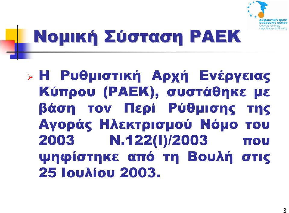 Ρύθµισης της Αγοράς Ηλεκτρισµού Νόµο του 2003 Ν.