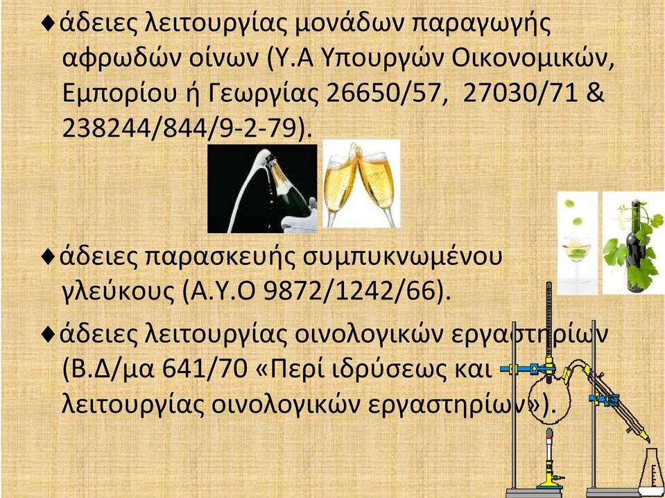 79). άδειες παρασκευής συμπυκνωμένου γλεύκους (Α.Υ.Ο 9872/1242/66).