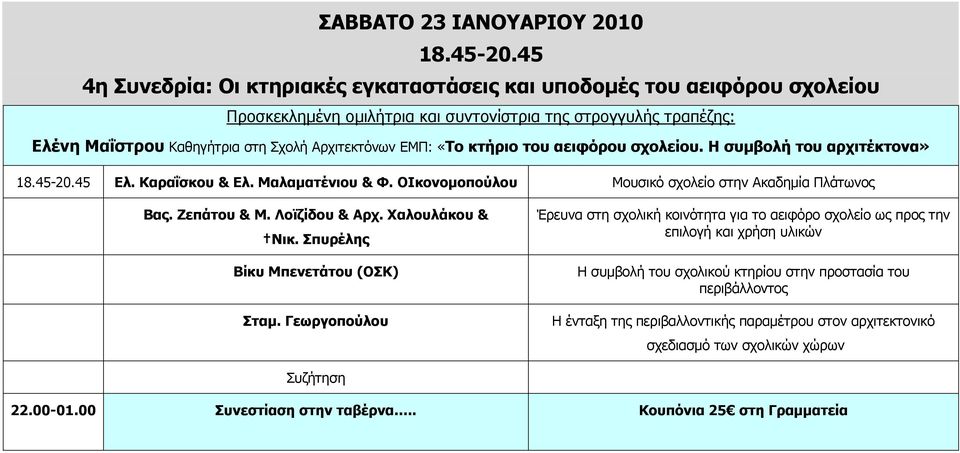 «Το κτήριο του αειφόρου σχολείου. Η συμβολή του αρχιτέκτονα» 18.45-20.45 Ελ. Καραΐσκου & Ελ. Μαλαματένιου & Φ. ΟΙκονομοπούλου Μουσικό σχολείο στην Ακαδημία Πλάτωνος Βας. Ζεπάτου & Μ. Λοϊζίδου & Αρχ.