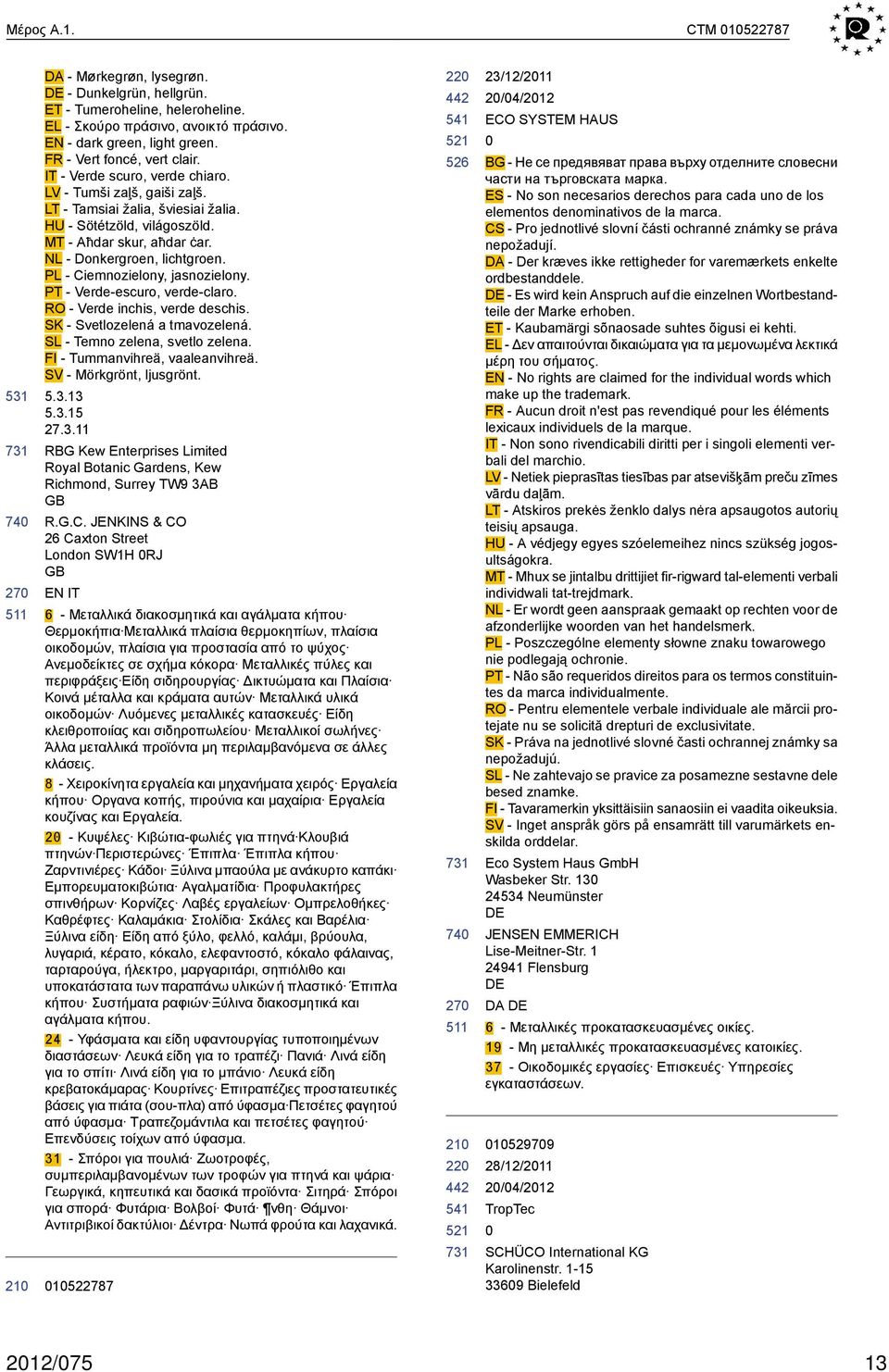 NL - Donkergroen, lichtgroen. PL - Ciemnozielony, jasnozielony. PT - Verde-escuro, verde-claro. RO - Verde inchis, verde deschis. SK - Svetlozelená a tmavozelená. SL - Temno zelena, svetlo zelena.
