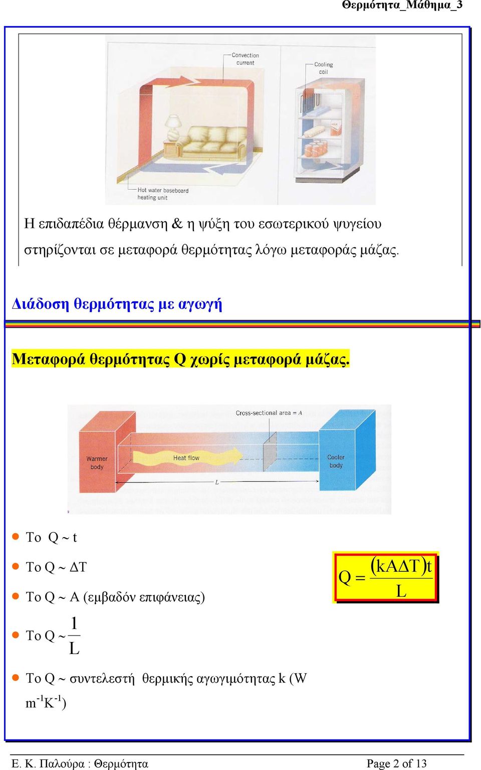 ιάδοση θερµότητας µε αγωγή Μεταφορά θερµότητας Q χωρίς µεταφορά µάζας.