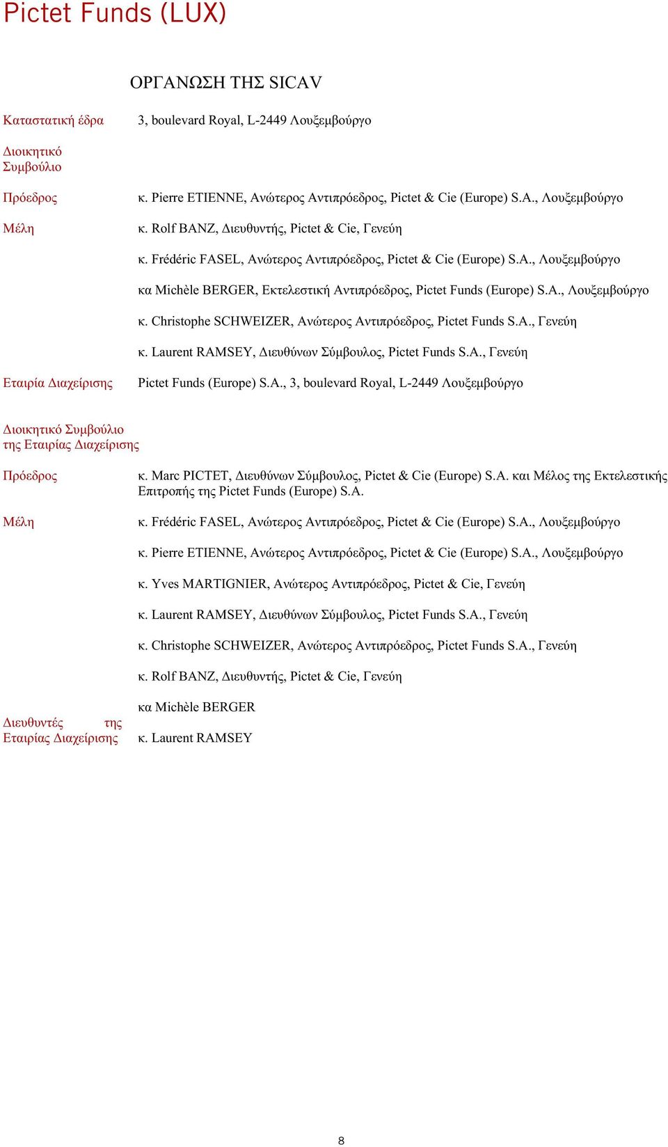 Marc PICTET,, Pictet & Cie (Europe) S.A. Pictet Funds (Europe) S.A.. Frédéric FASEL,, Pictet & Cie (Europe) S.A.,. Pierre ETIENNE,, Pictet & Cie (Europe) S.A.,. Yves MARTIGNIER,, Pictet & Cie,.