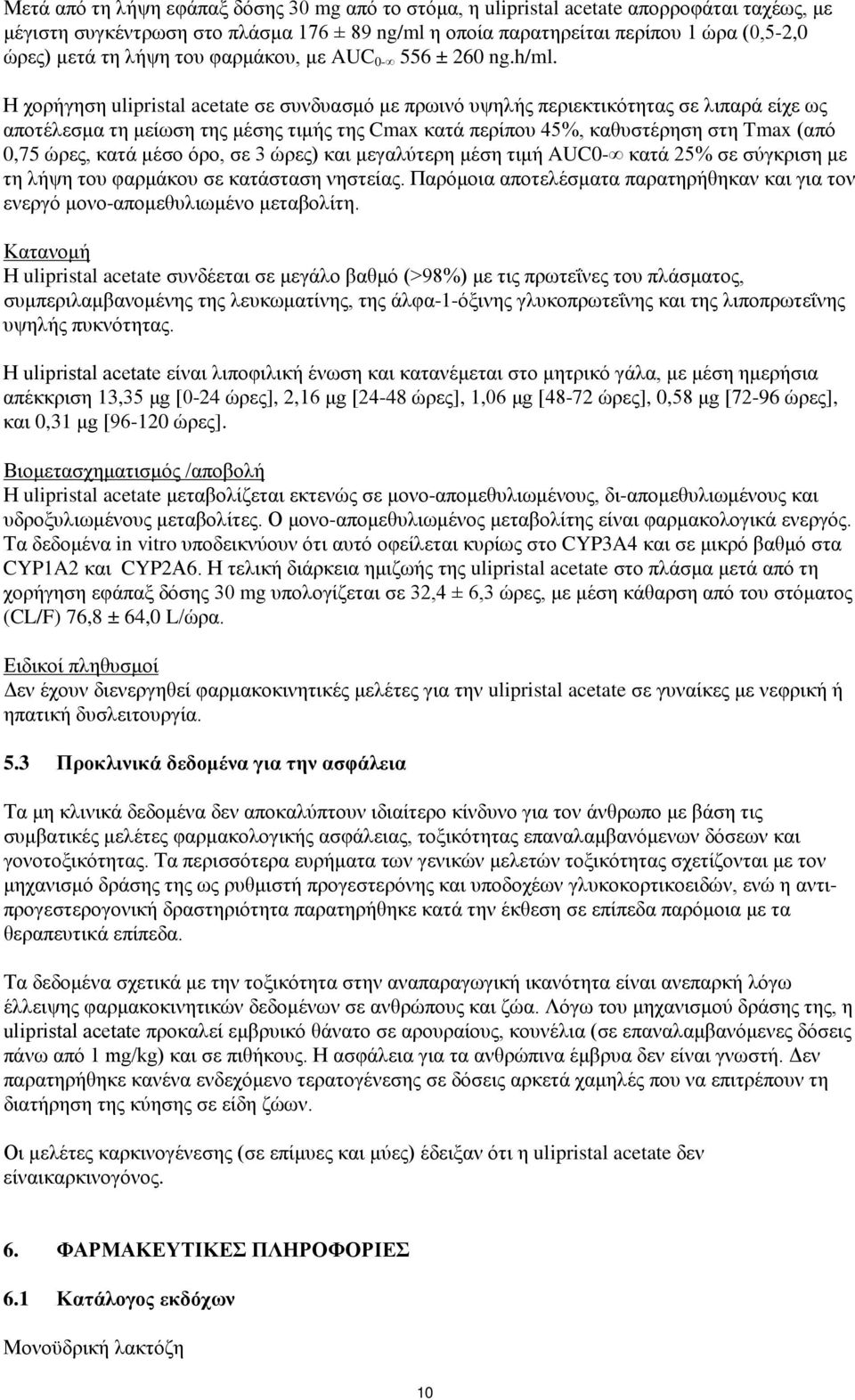 Η χορήγηση ulipristal acetate σε συνδυασμό με πρωινό υψηλής περιεκτικότητας σε λιπαρά είχε ως αποτέλεσμα τη μείωση της μέσης τιμής της Cmax κατά περίπου 45%, καθυστέρηση στη Tmax (από 0,75 ώρες, κατά