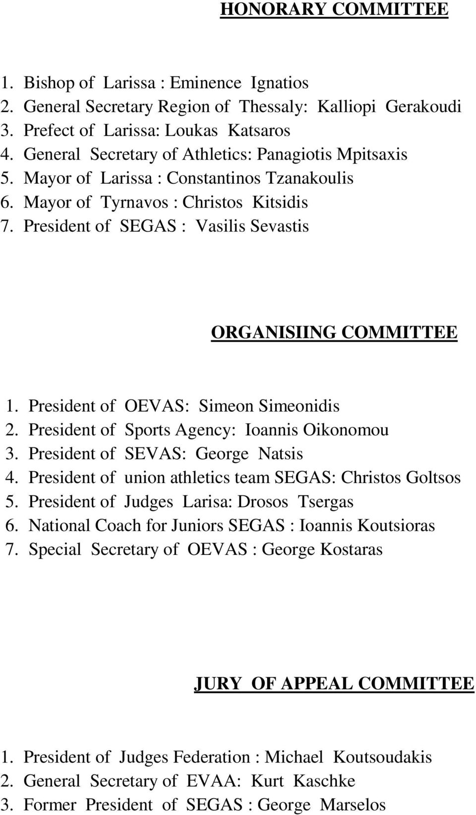President of SEGAS : Vasilis Sevastis ORGANISIING COMMITTEE 1. President of OEVAS: Simeon Simeonidis 2. President of Sports Agency: Ioannis Oikonomou 3. President of SEVAS: George Natsis 4.