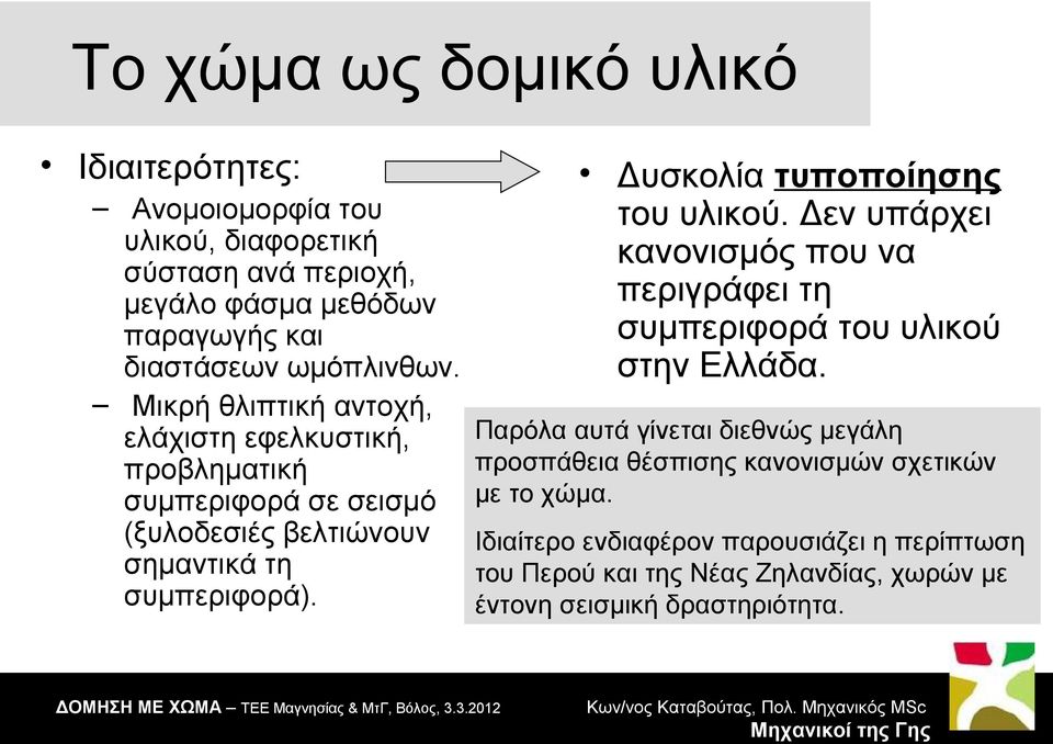 Δυσκολία τυποποίησης του υλικού. Δεν υπάρχει κανονισμός που να περιγράφει τη συμπεριφορά του υλικού στην Ελλάδα.