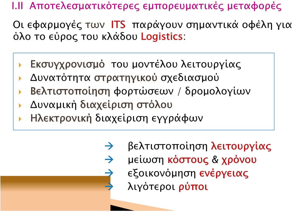 Βελτιστοποίηση φορτώσεων / δρομολογίων Δυναμική διαχείριση στόλου Ηλεκτρονική