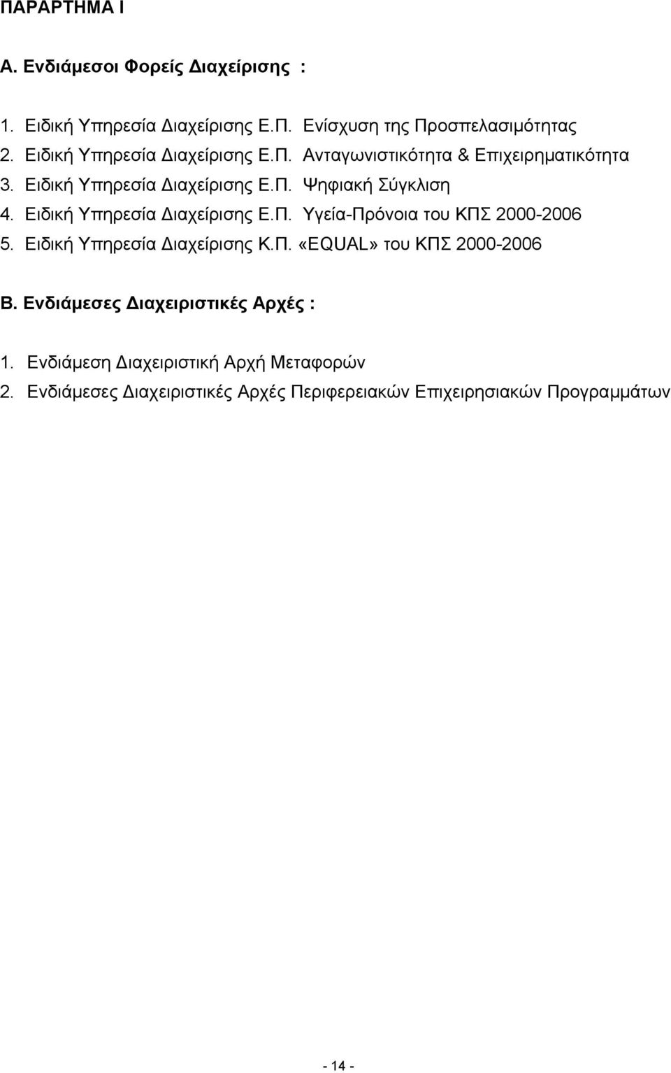 Ειδική Υπηρεσία ιαχείρισης Ε.Π. Υγεία-Πρόνοια του ΚΠΣ 2000-2006 5. Ειδική Υπηρεσία ιαχείρισης Κ.Π. «EQUAL» του ΚΠΣ 2000-2006 Β.