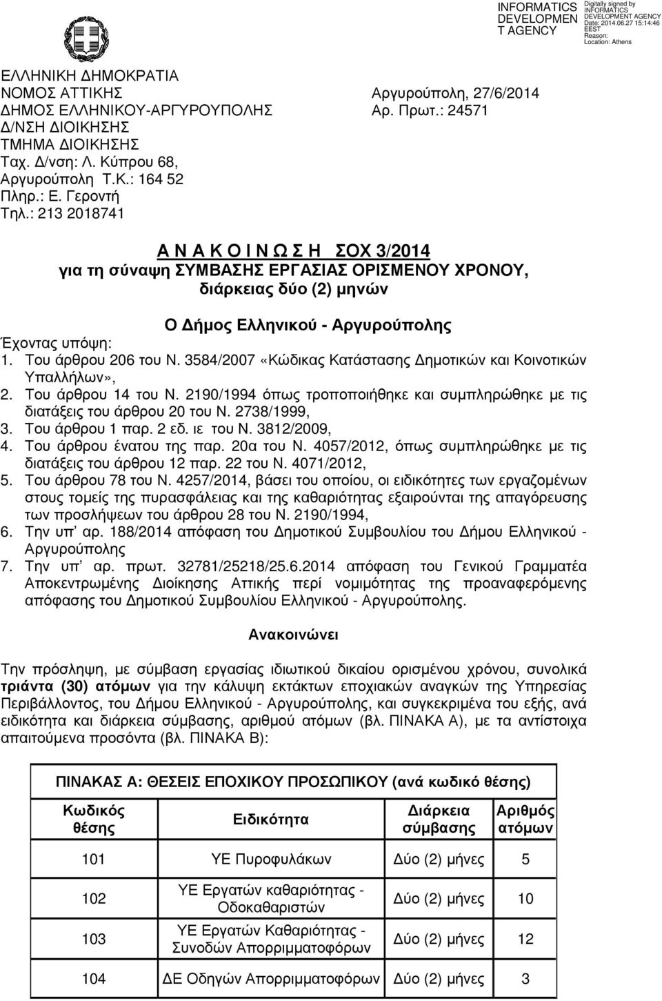 Του άρθρου 206 του Ν. 3584/2007 «Κώδικας Κατάστασης ηµοτικών και Κοινοτικών Υπαλλήλων», 2. Του άρθρου 14 του Ν. 2190/1994 όπως τροποποιήθηκε και συµπληρώθηκε µε τις διατάξεις του άρθρου 20 του Ν.