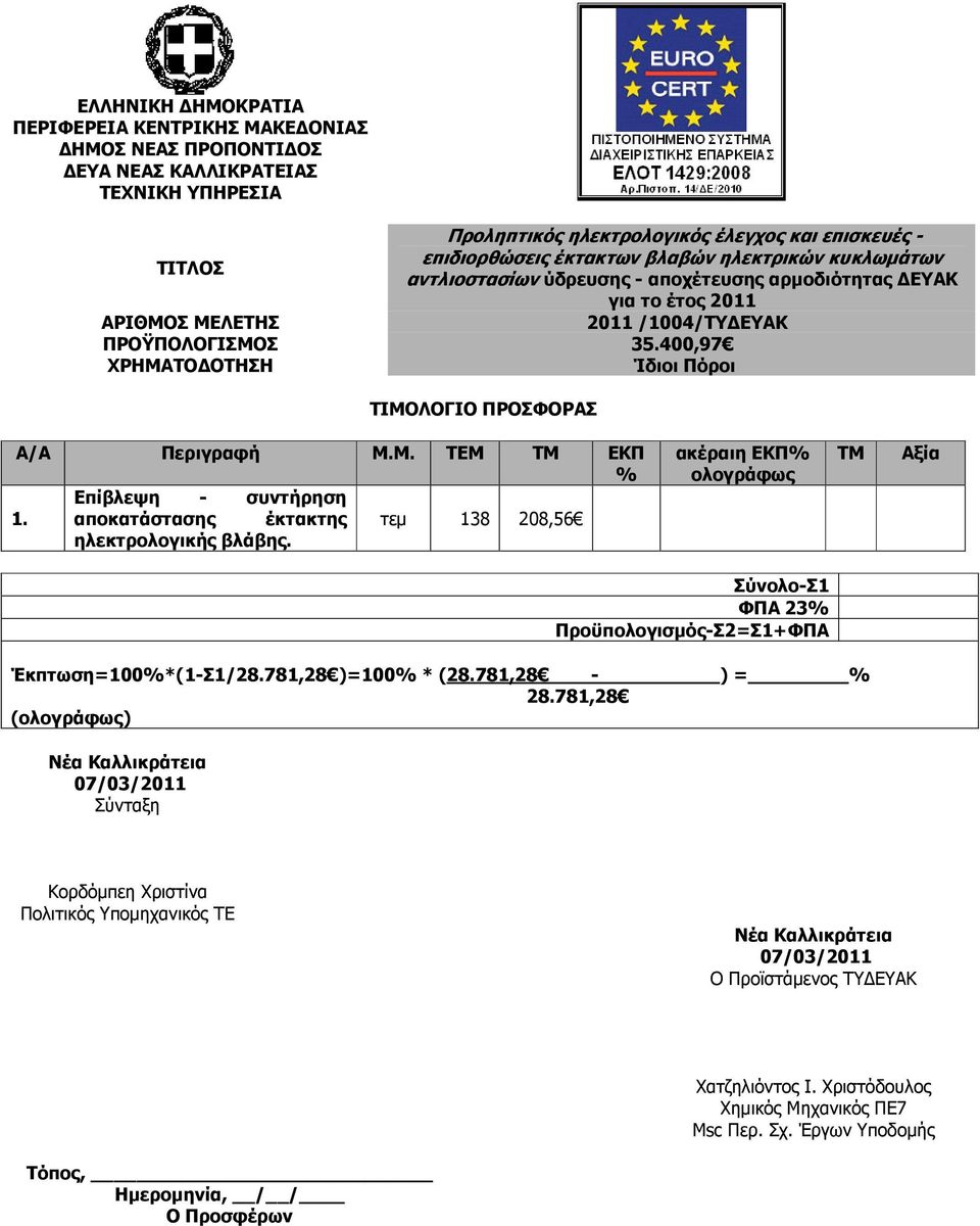 400,97 ΧΡΗΜΑΤΟ ΟΤΗΣΗ Ίδιοι Πόροι ΤΙΜΟΛΟΓΙΟ ΠΡΟΣΦΟΡΑΣ Α/Α Περιγραφή Μ.Μ. ΤΕΜ ΤΜ ΕΚΠ % Επίβλεψη - συντήρηση 1. αποκατάστασης έκτακτης τεµ 138 208,56 ηλεκτρολογικής βλάβης.