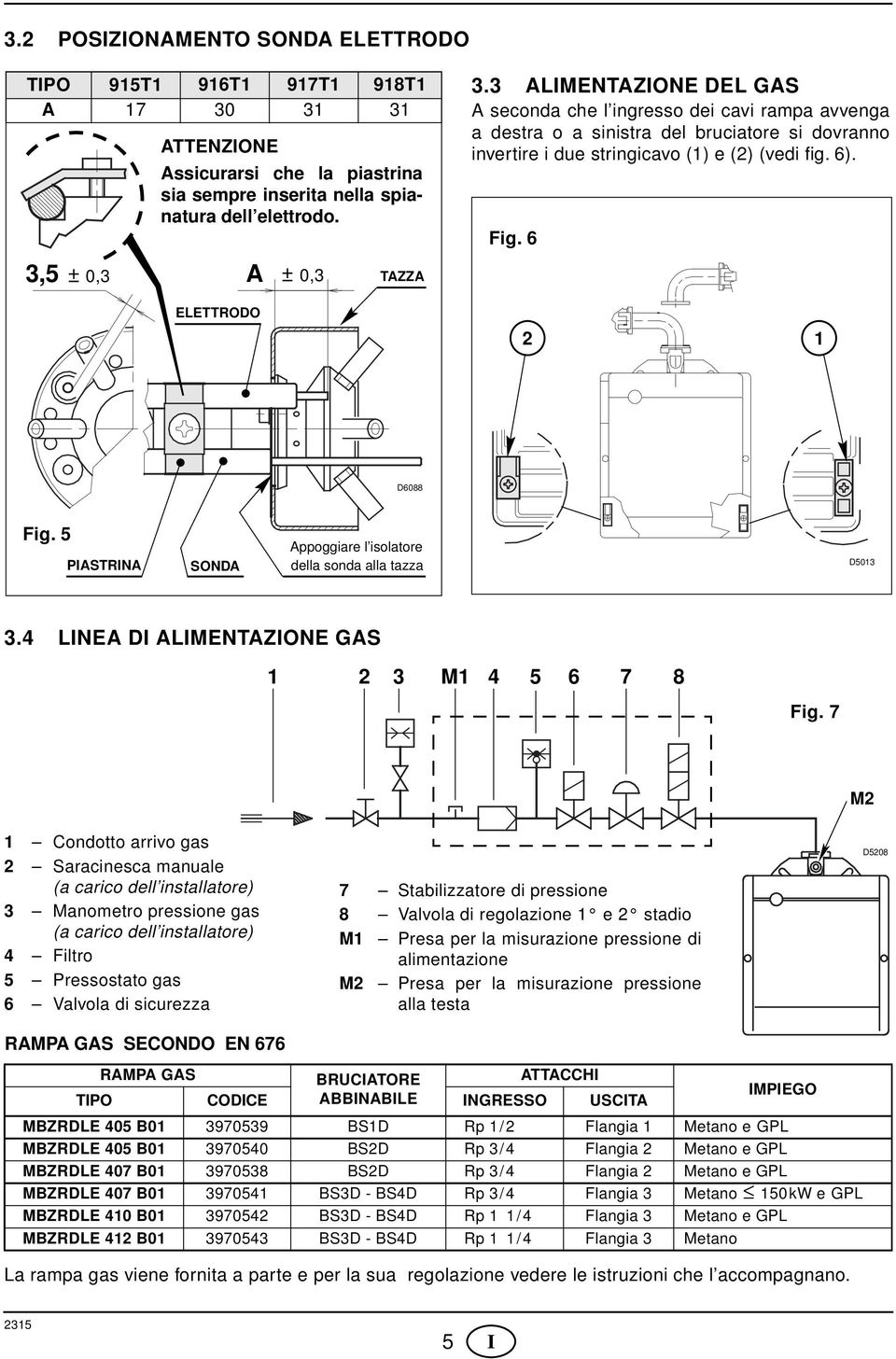 Fig. 6 2 1 D6088 Fig. 5 PIASTRINA SONDA Appoggiare l isolatore della sonda alla tazza D5013 3.4 LINEA DI ALIMENTAZIONE GAS 1 2 3 M1 4 5 6 7 8 Fig.