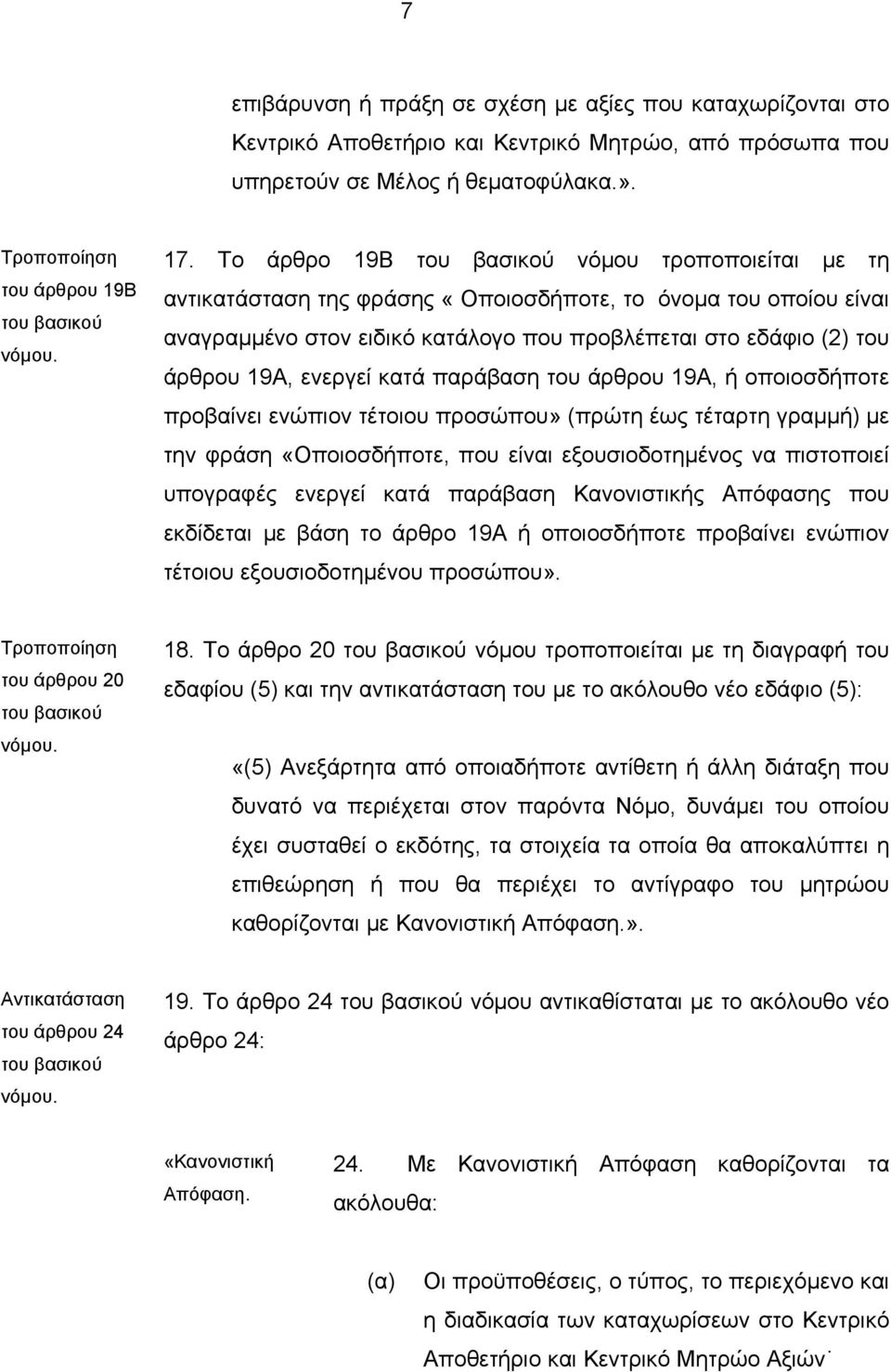 παράβαση του άρθρου 19Α, ή οποιοσδήποτε προβαίνει ενώπιον τέτοιου προσώπου» (πρώτη έως τέταρτη γραµµή) µε την φράση «Οποιοσδήποτε, που είναι εξουσιοδοτηµένος να πιστοποιεί υπογραφές ενεργεί κατά