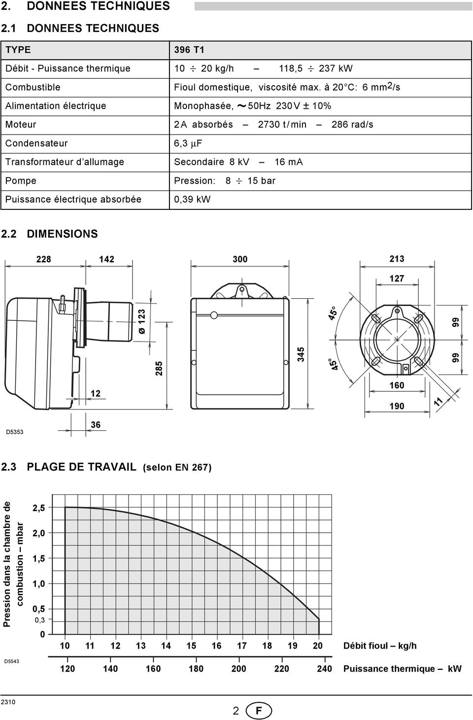 Secondaire 8 kv 6 ma Pompe Pression: 8 5 bar Puissance électrique absorbée 0,39 kw 2.2 DIMENSIONS 228 42 300 23 27 285 345 99 ø 23 45 99 45 2 60 90 D5353 36 2.