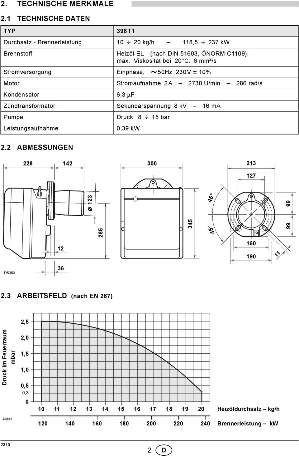 Sekundärspannung 8 kv 6 ma Pumpe Leistungsaufnahme Druck: 8 5 bar 0,39 kw 2.2 ABMESSUNGEN 228 42 300 23 27 285 345 99 ø 23 45 99 45 2 60 90 D5353 36 2.