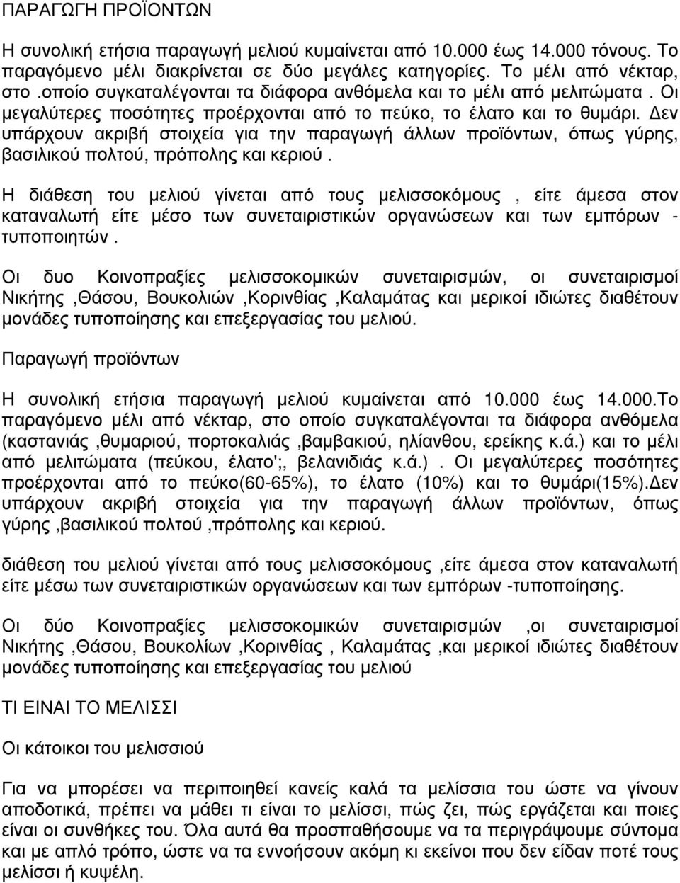 Δεν υπάρχουν ακριβή στοιχεία για την παραγωγή άλλων προϊόντων, όπως γύρης, βασιλικού πολτού, πρόπολης και κεριού.