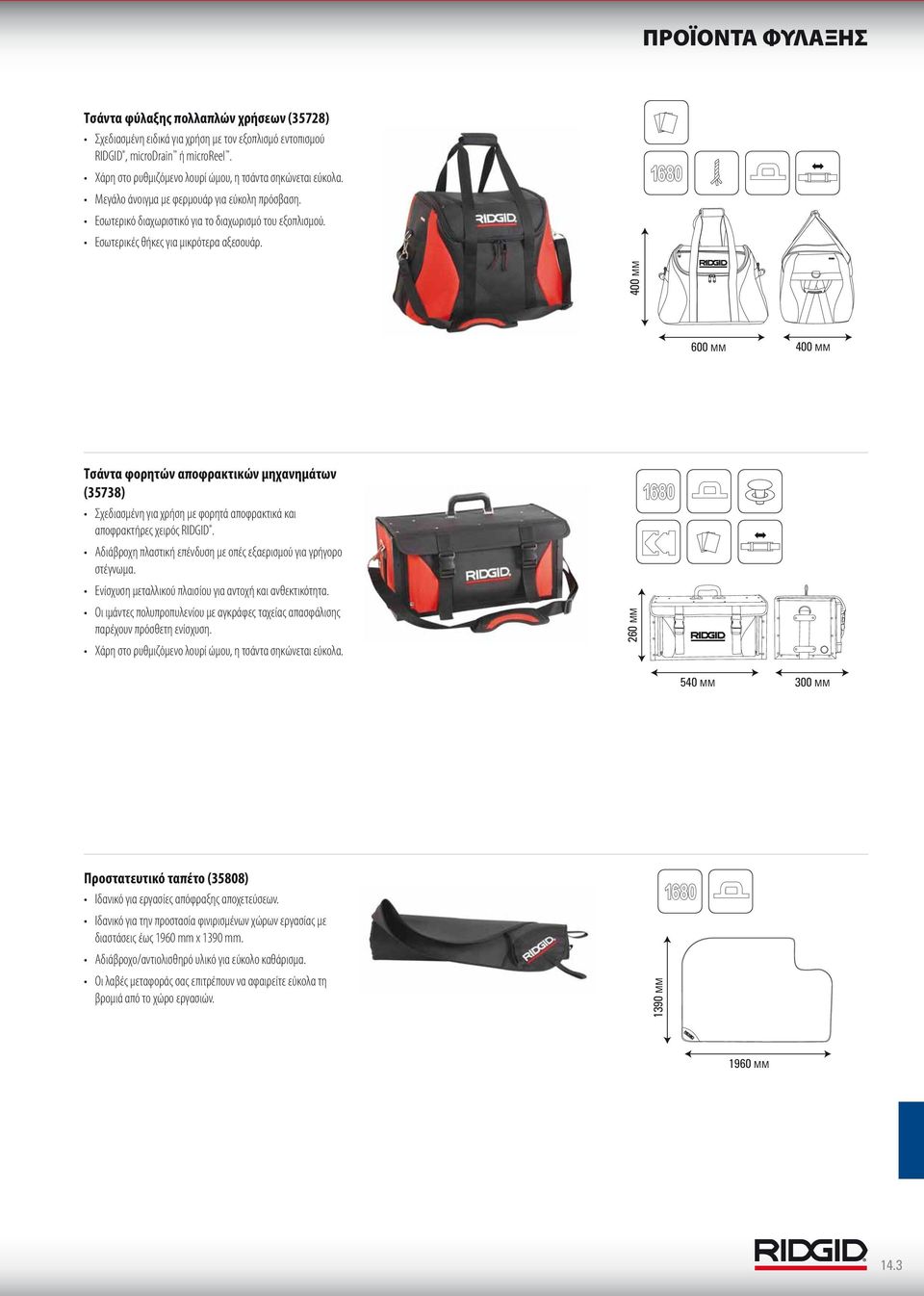 400 MM 600 MM Τσάντα φορητών αποφρακτικών μηχανημάτων (35738) Σχεδιασμένη για χρήση με φορητά αποφρακτικά και αποφρακτήρες χειρός RIDGID.