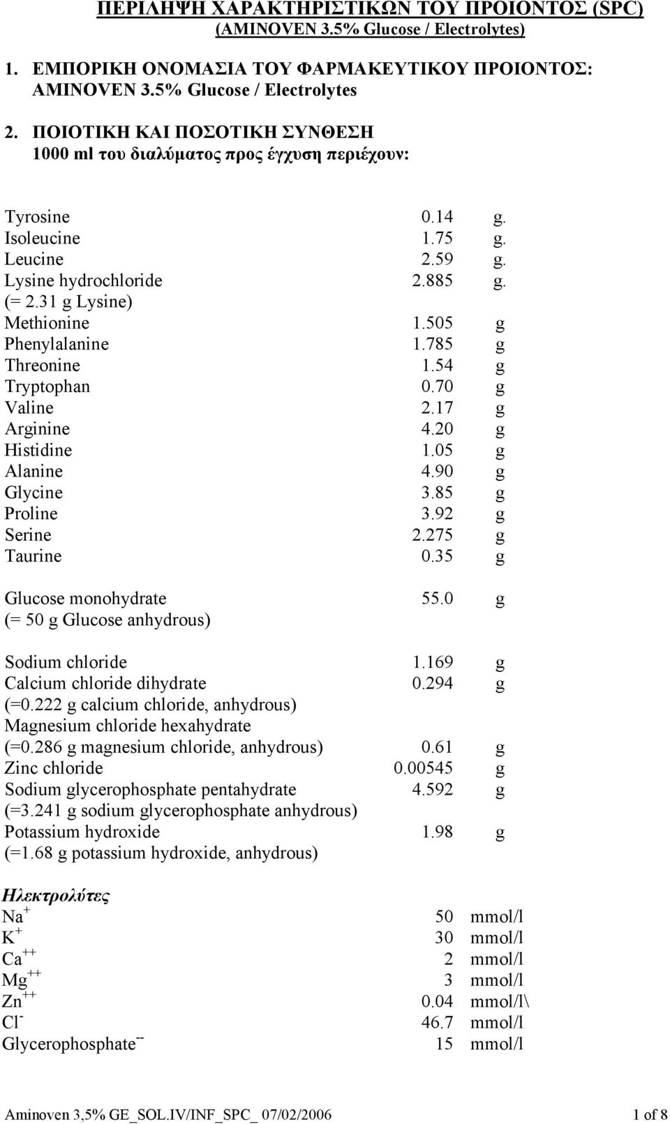 31 Lysine) Methionine Phenylalanine Threonine Tryptophan Valine Arinine Histidine Alanine Glycine Proline Serine Taurine Glucose monohydrate (= 50 Glucose anhydrous) Sodium chloride Calcium chloride