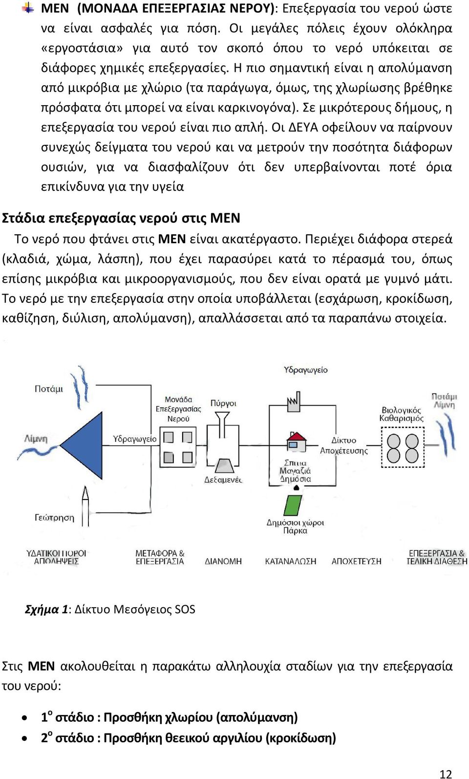Η πιο σημαντική είναι η απολύμανση από μικρόβια με χλώριο (τα παράγωγα, όμως, της χλωρίωσης βρέθηκε πρόσφατα ότι μπορεί να είναι καρκινογόνα).