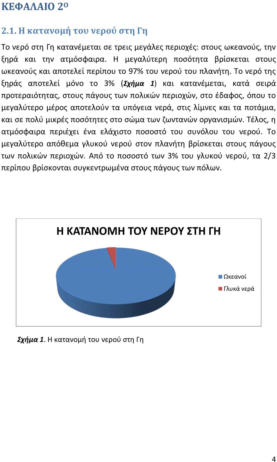 Το νερό της ξηράς αποτελεί μόνο το 3% (Σχήμα 1) και κατανέμεται, κατά σειρά προτεραιότητας, στους πάγους των πολικών περιοχών, στο έδαφος, όπου το μεγαλύτερο μέρος αποτελούν τα υπόγεια νερά, στις